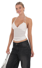 Rhinestone Mesh Halter Top in White