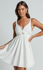 Jhency Mini Linen Dress - Strappy Ruched Bust Dress In White