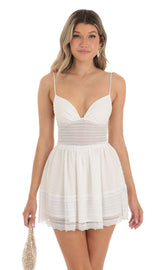 Dotted Chiffon Dress With Lace Inserts in White
