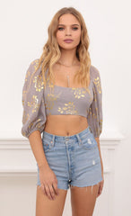 Gold Floral Puff Sleeve Top in Grey
