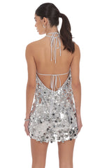 Circle Sequin Halter Shift Dress in Silver