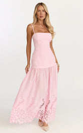 Everly Maxi Dress - Straight Neck Broderie Cut Out Hem Dress In Pink