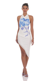 Floral Asymmetrical Midi Dress in White