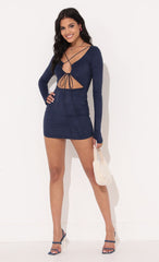 Long Sleeve Bodycon Dress in Blue Suede