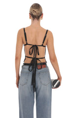 Satin Open Back Tie Top in Black