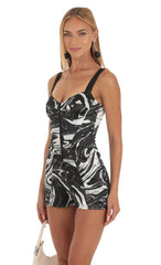 Satin Hook and Eye Romper in Black Swirl Print