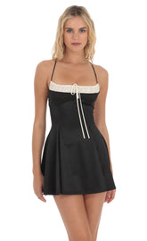 Two Toned Satin Fit and Flare Dress in Black