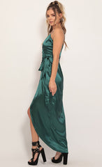 Pleated Satin Maxi Dress in Hunter Green