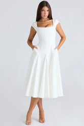 White Square Neck Twill Midi Dress