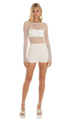 Mesh Dotted Open Back Romper in White
