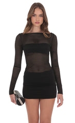 Sheer Striped Cutout Dress in Black