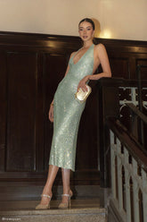 Genie Diamante Halter Midi Dress - Mint