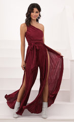 Shimmer One Shoulder Jumpsuit in Burgundy