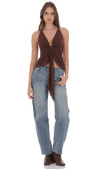 Mesh Plunge Two-Piece Tie Top in Brown