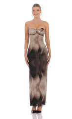 Swirl Mesh Cutout Maxi Dress in Coffee
