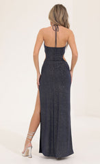 Glitter Tummy Cutout Maxi Dress in Navy