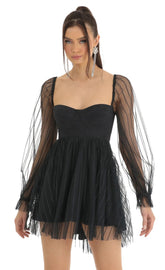 Corset Long Sleeve Striped Dress in Navy