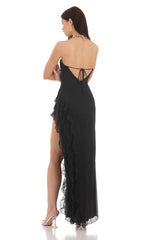 Mesh Strapless Triple Ruffle Maxi Dress in Black