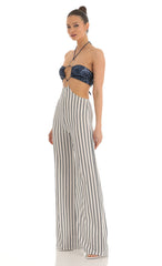 Sequin Halter Striped Jumpsuit in White and Navy