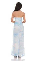 Mesh Strapless Corset Maxi Dress in Blue Tie Dye