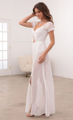 Puff Sleeve Chiffon Maxi in White Dots