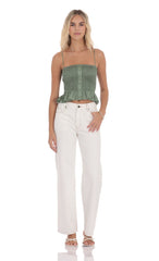 Satin Smocked Striped Button Top in Sage
