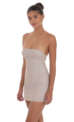 Glitter Strapless Bodycon Dress in Taupe