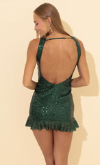 Sequin Open Back Ruffle Dress in Green