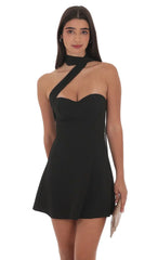 Scarf Wrap Fit And Flare Dress In Black