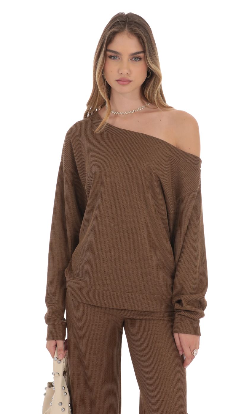 Off Shoulder Knit Oversized Jumper in Brown