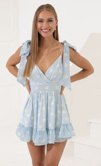 Shoulder Ties Open Back Dress in Blue Daisy