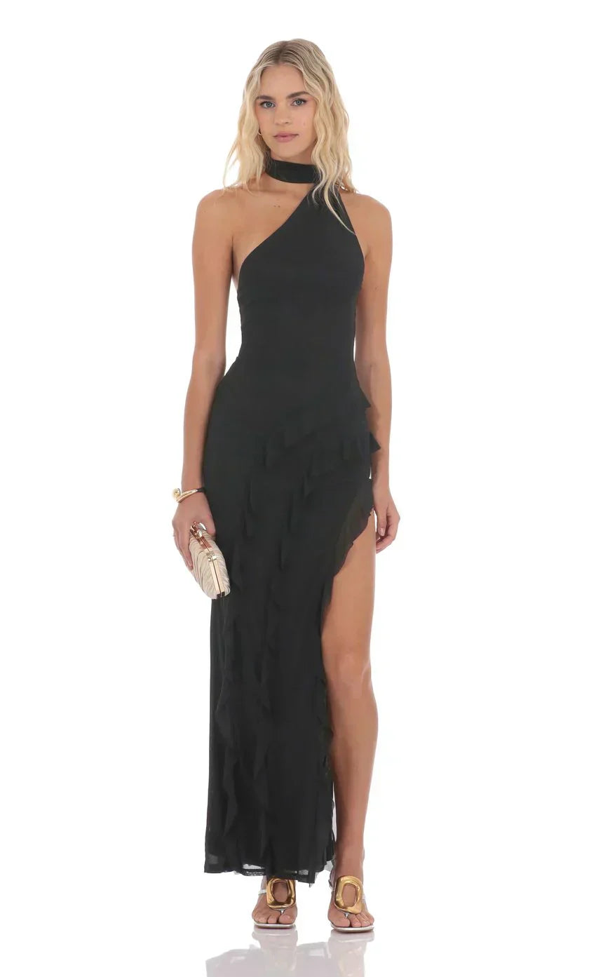 Mesh Halter Scarf Maxi Dress In Black