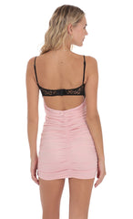 Black Lace Ruched Bodycon Dress in Light Pink