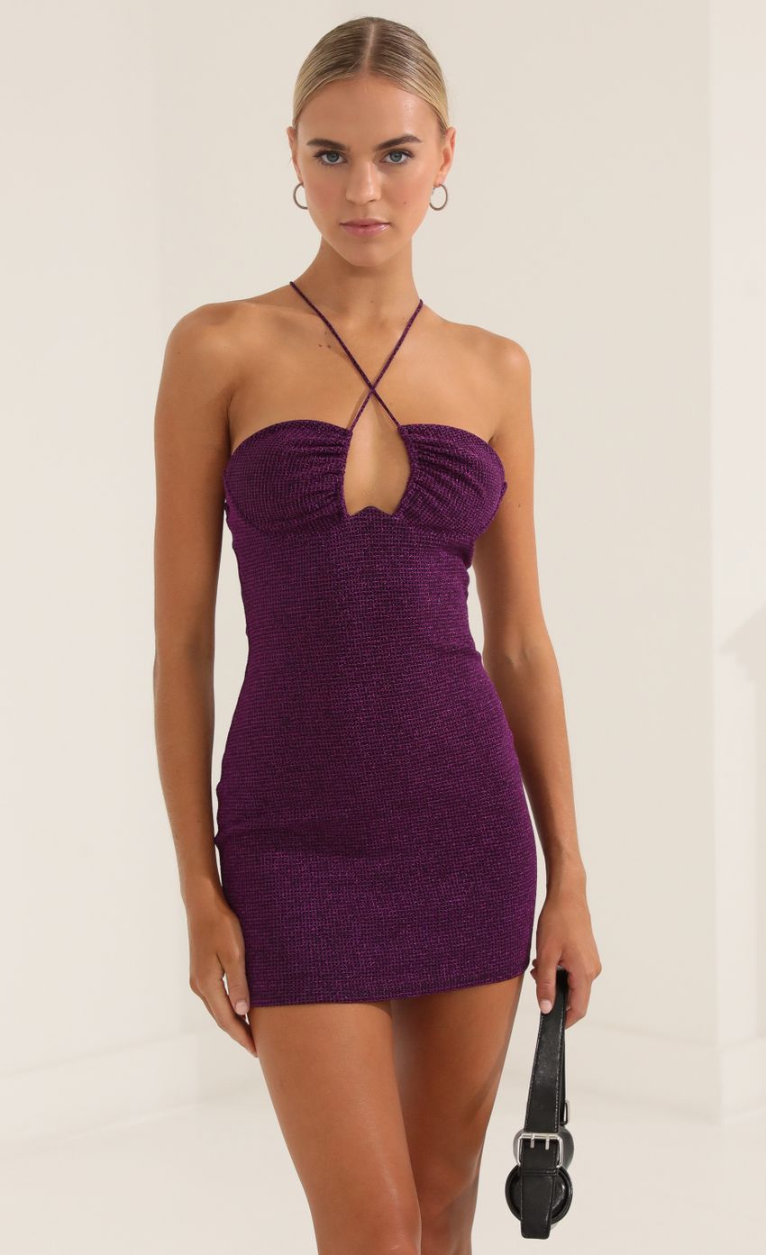 Square Metallic Knit Underwire Bodycon Dress in Purple