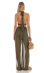 Gold Striped Three Piece Set in Olive Green
