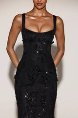 Embellished Appliqué Soft-Scoop Corset Gown In Black