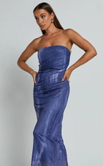 Frelynn Midi Dress - Strapless Ruched Slip Dress In Blue