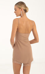 Crepe Rhinestone Trim Bodycon Dress in Nude