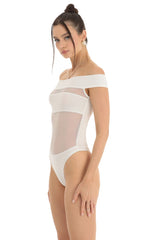 Off Shoulder Mesh Cut Out Bodysuit in White