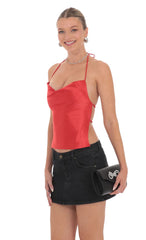 Satin Cowl Neck Top in Red