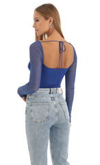 Glitter Mesh Long Sleeve Bodysuit in Blue