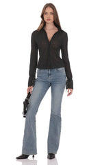 Sheer Mesh Button-Up Top in Black