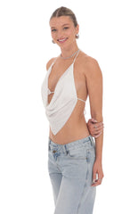 Rhinestone Draped Top in White