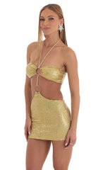 Iridescent Sequin Halter Dress in Gold