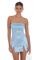 Satin Strapless Bodycon Dress in Blue