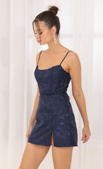Floral Jacquard Corset Dress in Navy
