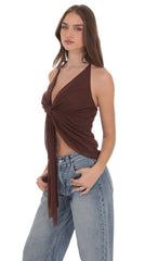 Mesh Plunge Two-Piece Tie Top in Brown