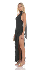 Mesh Halter Scarf Maxi Dress In Black