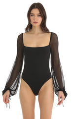 Mesh Long Sleeve Bodysuit in Black