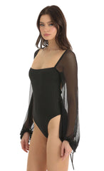 Mesh Long Sleeve Bodysuit in Black
